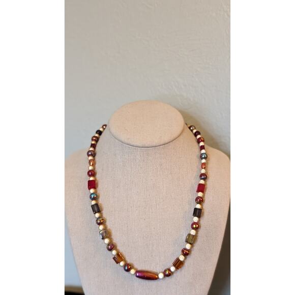 Vintage Metallic Drawbench, Square Lampwork, Art Glass 925 Clasp Bead Necklace - Picture 12 of 12